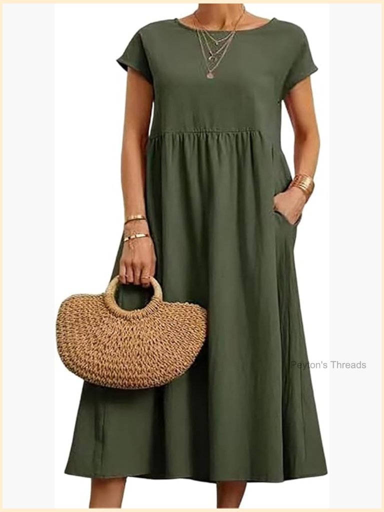 Cotton Linen Midi A-Line Dress With Pockets Beach Vacation Flow
